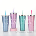 24 oz large double layers plastic drinking cup with straw glister plastic cup